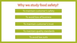 To maintain customer’s safety
To avoid loss of business
To maintain customer’s trust
To maintain quality standards
To avoid law suits
 