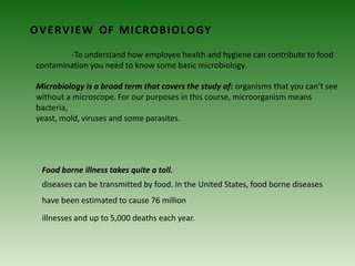 OVERVIEW OF MICROBIOLOGY
-To understand how employee health and hygiene can contribute to food
contamination you need to know some basic microbiology.
Microbiology is a broad term that covers the study of: organisms that you can’t see
without a microscope. For our purposes in this course, microorganism means
bacteria,
yeast, mold, viruses and some parasites.
Food borne illness takes quite a toll.
diseases can be transmitted by food. In the United States, food borne diseases
have been estimated to cause 76 million
illnesses and up to 5,000 deaths each year.
 
