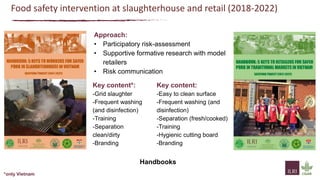 Handbooks
INTERVENTION
Development of Instruction & Training materials
Food safety intervention at slaughterhouse and retail (2018-2022)
Approach:
• Participatory risk-assessment
• Supportive formative research with model
retailers
• Risk communication
Key content*:
-Grid slaughter
-Frequent washing
(and disinfection)
-Training
-Separation
clean/dirty
-Branding
Key content:
-Easy to clean surface
-Frequent washing (and
disinfection)
-Separation (fresh/cooked)
-Training
-Hygienic cutting board
-Branding
*only Vietnam
 