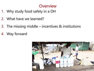 Overview
1. Why study food safety in a OH
2. What have we learned?
3. The missing middle – incentives & institutions
4. Way forward
 