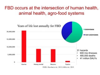 Years of life lost annually for FBD
FERG: Havelaar et al., 2015; Gibb et al., 2019
Health impact of FBD comparable to
that of malaria, HIV/AIDs or TB
31 hazards
• 600 mio illnesses
• 480,000 deaths
• 41 million DALYs
zoonoses
non zoonoses
FBD occurs at the intersection of human health,
animal health, agro-food systems
 