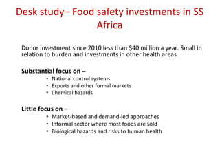 • Donor investment since 2010 less than $40 million a year. Small in
relation to burden and investments in other health areas
• Substantial focus on –
• National control systems
• Exports and other formal markets
• Chemical hazards
•
• Little focus on –
• Market-based and demand-led approaches
• Informal sector where most foods are sold
• Biological hazards and risks to human health
Desk study– Food safety investments in SS
Africa
 