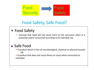 Food
Security
Food
Safety
Food Safety, Safe Food?
• Food Safety
– Concept that food will not cause harm to the consumer when it is
prepared and/or consumed according to its intended use.
 Safe Food
 A product which is free of microbiological, chemical or physical hazards
OR
 A product that does not cause illness or injury when consumed as
intended
3
 