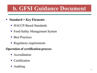 b. GFSI Guidance Document
19
 Standard = Key Elements
 HACCP-Based Standards
 Food Safety Management System
 Best Practices
 Regulatory requirements
Operation of certification process
 Accreditation
 Certification
 Auditing
 