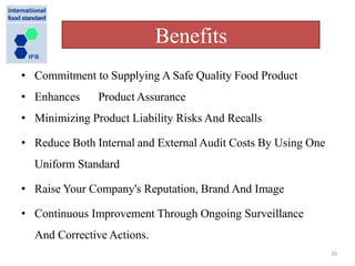 Benefits
26
• Commitment to Supplying A Safe Quality Food Product
• Enhances Product Assurance
• Minimizing Product Liability Risks And Recalls
• Reduce Both Internal and External Audit Costs By Using One
Uniform Standard
• Raise Your Company's Reputation, Brand And Image
• Continuous Improvement Through Ongoing Surveillance
And Corrective Actions.
 