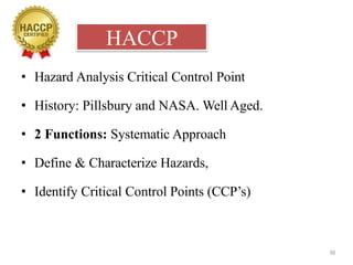 HACCP
30
• Hazard Analysis Critical Control Point
• History: Pillsbury and NASA. Well Aged.
• 2 Functions: Systematic Approach
• Define & Characterize Hazards,
• Identify Critical Control Points (CCP’s)
 