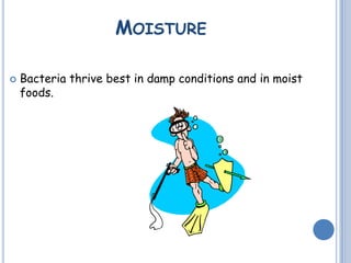 MOISTURE
 Bacteria thrive best in damp conditions and in moist
foods.
 
