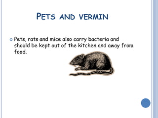 PETS AND VERMIN
 Pets, rats and mice also carry bacteria and
should be kept out of the kitchen and away from
food.
 