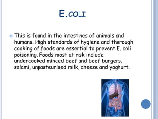 E.COLI
 This is found in the intestines of animals and
humans. High standards of hygiene and thorough
cooking of foods are essential to prevent E. coli
poisoning. Foods most at risk include
undercooked minced beef and beef burgers,
salami, unpasteurised milk, cheese and yoghurt.
 