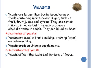 YEASTS
 Yeasts are larger than bacteria and grow on
foods containing moisture and sugar, such as
fruit, fruit juices and syrups. They are not as
visible as moulds but they may produce an
alcoholic taste in foods. They are killed by heat.
Advantages of yeasts:
 Yeasts are used in bread-making, brewing (beer)
and wine-making.
 Yeasts produce vitamin supplements.
Disadvantages of yeast:
 Yeasts affect the taste and texture of foods.
 