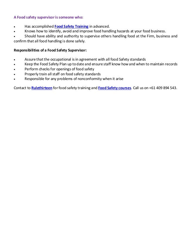 Food Safety Supervisor Responsibilities Food Safety Supervisor Responsibilities
