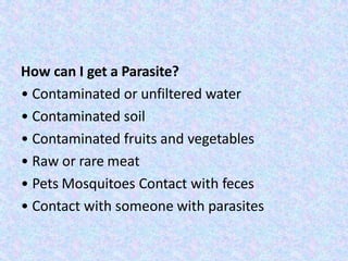 How can I get a Parasite?
• Contaminated or unfiltered water
• Contaminated soil
• Contaminated fruits and vegetables
• Raw or rare meat
• Pets Mosquitoes Contact with feces
• Contact with someone with parasites
 