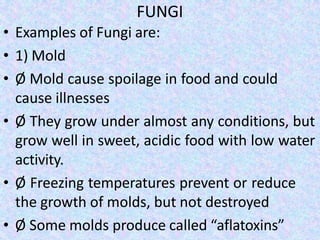 FUNGI
• Examples of Fungi are:
• 1) Mold
• Ø Mold cause spoilage in food and could
cause illnesses
• Ø They grow under almost any conditions, but
grow well in sweet, acidic food with low water
activity.
• Ø Freezing temperatures prevent or reduce
the growth of molds, but not destroyed
• Ø Some molds produce called “aflatoxins”
 