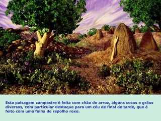 Esta paisagem campestre é feita com chão de arroz, alguns cocos e grãos
diversos, com particular destaque para um céu de final de tarde, que é
feito com uma folha de repolho roxo.
 