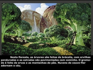 Nesta floresta, as árvores são feitas de brócolis, com ervilhas penduradas e as estradas são pavimentadas com cominho. O grama-do é feito de ervas e as montanhas de pão. Nuvens de couve-flor adornam o céu. 