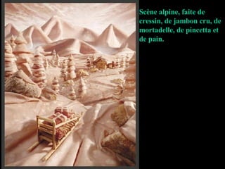 Scène alpine, faite de cressin, de jambon cru, de mortadelle, de pincetta et de pain. 