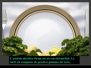 L‘assiette derrière forme un arc-en-ciel parfait. La forêt est composée de persil et pommes de terre. 
