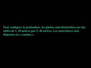 Pour souligner la profondeur, les photos sont déclenchées sur des tables de 1, 20 mètres par 2, 40 mètres. Les nourritures sont disposées en « couches ». 