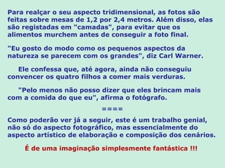 Para realçar o seu aspecto tridimensional, as fotos são
feitas sobre mesas de 1,2 por 2,4 metros. Além disso, elas
são registadas em "camadas", para evitar que os
alimentos murchem antes de conseguir a foto final.

"Eu gosto do modo como os pequenos aspectos da
natureza se parecem com os grandes", diz Carl Warner.

   Ele confessa que, até agora, ainda não conseguiu
convencer os quatro filhos a comer mais verduras.

  "Pelo menos não posso dizer que eles brincam mais
com a comida do que eu", afirma o fotógrafo.
                          ====
Como poderão ver já a seguir, este é um trabalho genial,
não só do aspecto fotográfico, mas essencialmente do
aspecto artístico de elaboração e composição dos cenários.

    É de uma imaginação simplesmente fantástica !!!
 