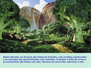 Nesta floresta, as árvores são feitas de brócolis, com ervilhas penduradas
e as estradas são pavimentadas com cominho. O jardim é feito de ervas e
as montanhas são feitas com pão. Nuvens de couve-flor adornam o céu.
 