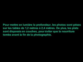 Pour mettre en lumière la profondeur, les photos sont prises sur les tables de 1,2 mètres à 2,4 mètres. De plus, les plats sont disposés en couches, pour éviter que la nourriture  tombe avant la fin de la photographie . 
