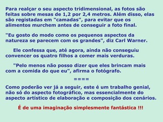 Para realçar o seu aspecto tridimensional, as fotos são
feitas sobre mesas de 1,2 por 2,4 metros. Além disso, elas
são registadas em "camadas", para evitar que os
alimentos murchem antes de conseguir a foto final.

"Eu gosto do modo como os pequenos aspectos da
natureza se parecem com os grandes", diz Carl Warner.

   Ele confessa que, até agora, ainda não conseguiu
convencer os quatro filhos a comer mais verduras.

  "Pelo menos não posso dizer que eles brincam mais
com a comida do que eu", afirma o fotógrafo.
                          ====
Como poderão ver já a seguir, este é um trabalho genial,
não só do aspecto fotográfico, mas essencialmente do
aspecto artístico de elaboração e composição dos cenários.

    É de uma imaginação simplesmente fantástica !!!
 