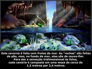 Esta caverna é feita com frutos do mar. As "rochas" são feitas de pão, mas, no fundo do mar, elas são de couve-flor.  Para dar a sensação tridimensional às fotos,  cada cenário é composto em uma mesa de cerca de  1,2 metros por 2,4 metros. 