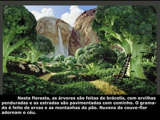 Nesta floresta, as árvores são feitas de brócolis, com ervilhas penduradas e as estradas são pavimentadas com cominho. O grama-do é feito de ervas e as montanhas de pão. Nuvens de couve-flor adornam o céu. 
