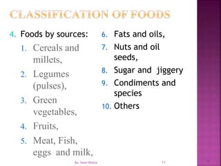 4. Foods by sources:
1. Cereals and
millets,
2. Legumes
(pulses),
3. Green
vegetables,
4. Fruits,
5. Meat, Fish,
eggs and milk,
6. Fats and oils,
7. Nuts and oil
seeds,
8. Sugar and jiggery
9. Condiments and
species
10. Others
11
11By: Swati Bhatia
 