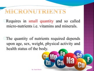 18
Requires in small quantity and so called
micro-nutrients i.e. vitamins and minerals.
The quantity of nutrients required depends
upon age, sex, weight, physical activity and
health status of the body.
18By: Swati Bhatia
 