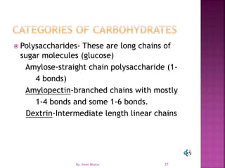 27
 Polysaccharides- These are long chains of
sugar molecules (glucose)
Amylose-straight chain polysaccharide (1-
4 bonds)
Amylopectin-branched chains with mostly
1-4 bonds and some 1-6 bonds.
Dextrin-Intermediate length linear chains
By: Swati Bhatia
 