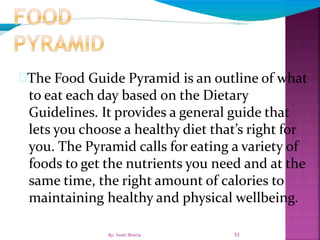 53
The Food Guide Pyramid is an outline of what
to eat each day based on the Dietary
Guidelines. It provides a general guide that
lets you choose a healthy diet that’s right for
you. The Pyramid calls for eating a variety of
foods to get the nutrients you need and at the
same time, the right amount of calories to
maintaining healthy and physical wellbeing.
By: Swati Bhatia
 