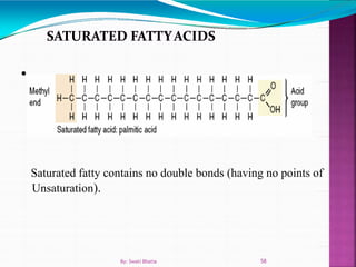 •
Saturated fatty contains no double bonds (having no points of
Unsaturation).
58By: Swati Bhatia
 