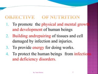 7
1. To promote the physical and mental growth
and development of human beings
2. Building andrepairing of tissues and cell
damaged by infection and injuries.
3. To provide energy for doing works.
4. To protect the human beings from infections
and deficiency disorders.
7By: Swati Bhatia
 