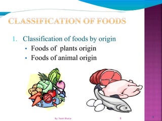 1. Classification of foods by origin
• Foods of plants origin
• Foods of animal origin
8
8By: Swati Bhatia
 