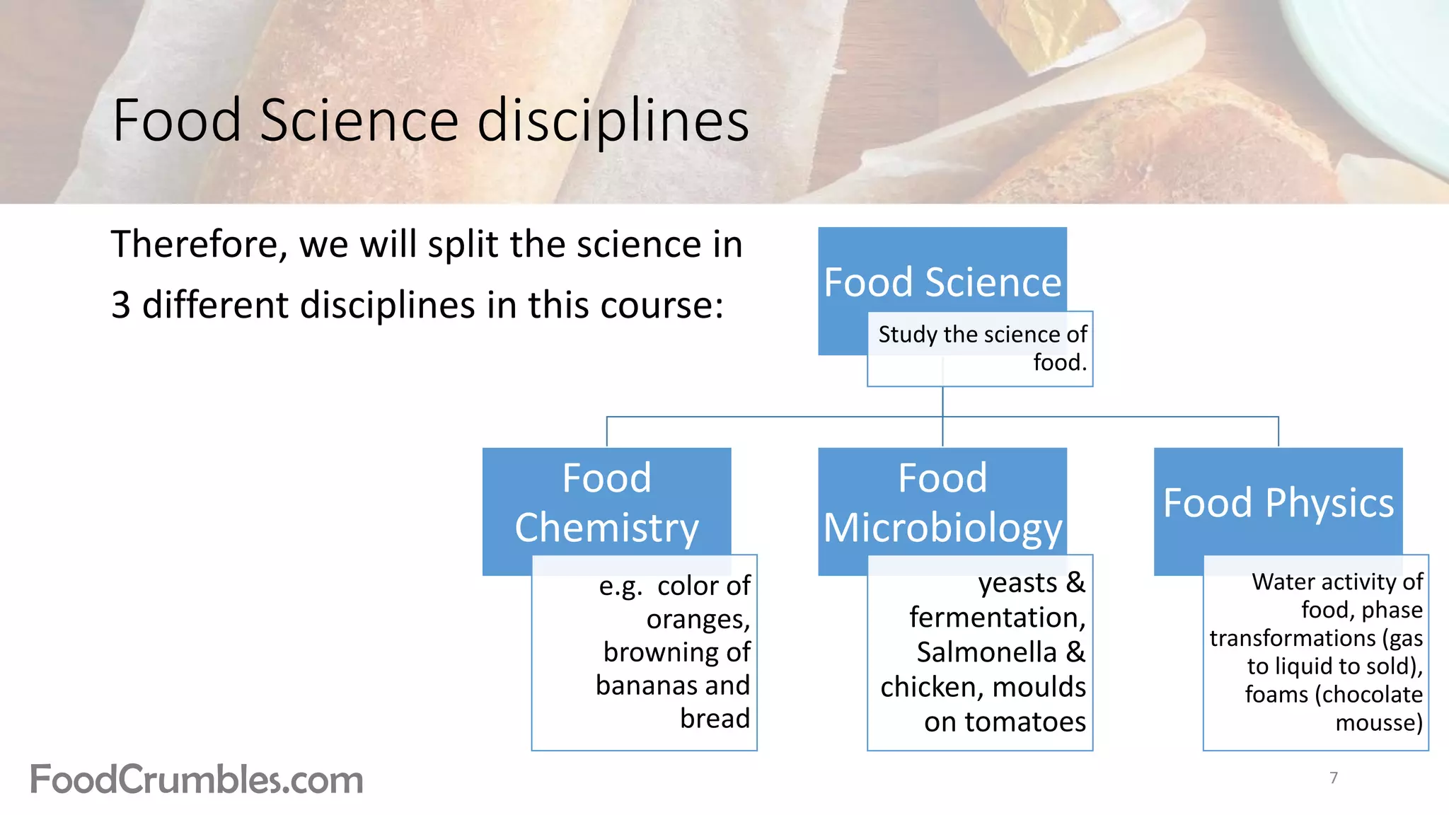 FoodCrumbles.com
Food Science disciplines
Therefore, we will split the science in
3 different disciplines in this course:
7
Food Science
Study the science of
food.
Food
Chemistry
e.g. color of
oranges,
browning of
bananas and
bread
Food
Microbiology
yeasts &
fermentation,
Salmonella &
chicken, moulds
on tomatoes
Food Physics
Water activity of
food, phase
transformations (gas
to liquid to sold),
foams (chocolate
mousse)
 