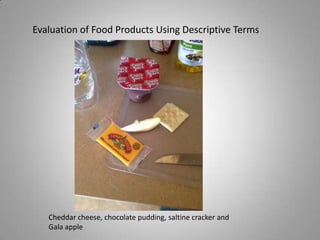 Evaluation of Food Products Using Descriptive Terms

Cheddar cheese, chocolate pudding, saltine cracker and
Gala apple

 