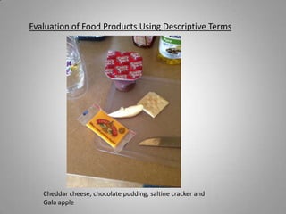 Evaluation of Food Products Using Descriptive Terms

Cheddar cheese, chocolate pudding, saltine cracker and
Gala apple

 