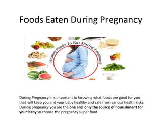 Foods Eaten During Pregnancy
During Pregnancy it is important to knowing what foods are good for you
that will keep you and your baby healthy and safe from various health risks.
During pregnancy you are the one and only the source of nourishment for
your baby so choose the pregnancy super food.
 