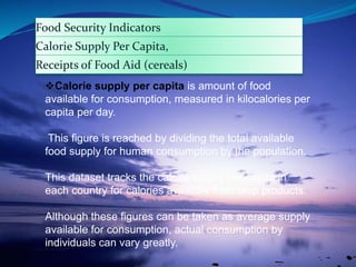 Food Security Indicators
Calorie Supply Per Capita,
Receipts of Food Aid (cereals)
Calorie supply per capita is amount of food
available for consumption, measured in kilocalories per
capita per day.
This figure is reached by dividing the total available
food supply for human consumption by the population.
This dataset tracks the calorie supply per capita in
each country for calories available from crop products.
Although these figures can be taken as average supply
available for consumption, actual consumption by
individuals can vary greatly.
 