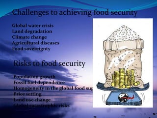 Challenges to achieving food security
Global water crisis
Land degradation
Climate change
Agricultural diseases
Food sovereignty
Risks to food security
Population growth
Fossil fuel dependence
Homogeneity in the global food supply
Price setting
Land use change
Global catastrophic risks
 