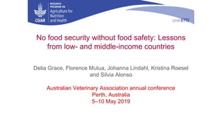 No food security without food safety: Lessons
from low- and middle-income countries
Delia Grace, Florence Mutua, Johanna Lindahl, Kristina Roesel
and Silvia Alonso
Australian Veterinary Association annual conference
Perth, Australia
5–10 May 2019
 
