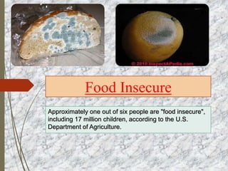Food Insecure
Approximately one out of six people are "food insecure",
including 17 million children, according to the U.S.
Department of Agriculture.
 