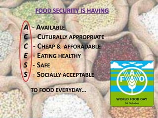 FOOD SECURITY IS HAVING
A - AVAILABLE
C - CUTURALLY APPROPRIATE
C - CHEAP & AFFORADABLE
E - EATING HEALTHY
S - SAFE
S - SOCIALLY ACCEPTABLE
TO FOOD EVERYDAY…
 