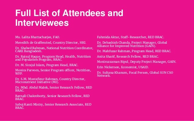 Full List of Attendees and
Interviewees
Ms. Lalita Bhattacharjee, FAO.
Meredith de Graffenried, Country Director, HKI.
Dr....