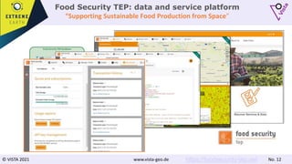 © VISTA 2021 www.vista-geo.de No. 12
Food Security TEP: data and service platform
“Supporting Sustainable Food Production from Space”
https://foodsecurity-tep.net
 