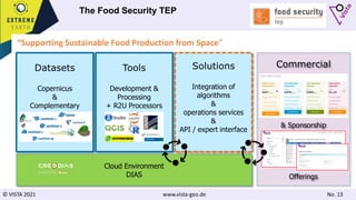 © VISTA 2021 www.vista-geo.de No. 13
The Food Security TEP
Commercial
& Sponsorship
Offerings
Datasets
Copernicus
&
Complementary
Tools
Development &
Processing
+ R2U Processors
Cloud Environment
DIAS
Solutions
Integration of
algorithms
&
operations services
&
API / expert interface
“Supporting Sustainable Food Production from Space”
Commercial
& Sponsorship
Offerings
Datasets
Copernicus
&
Complementary
Tools
Development &
Processing
+ R2U Processors
Cloud Environment
DIAS
Solutions
Integration of
algorithms
&
operations services
&
API / expert interface
“Supporting Sustainable Food Production from Space”
 