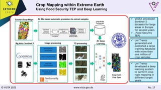 © VISTA 2021 www.vista-geo.de No. 17
Crop Mapping within Extreme Earth
Using Food Security TEP and Deep Learning
 Uni Trento
generated and
published a large
training database
with more than
one million of
crop samples
 Uni Trento
developed a deep
learning system
to perform crop
type mapping in
different target
years
 VISTA processed
Sentinel-2
datasets for large
areas in Europe
for several years
 (Food Security
TEP)
 