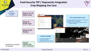 © VISTA 2021 www.vista-geo.de No. 21
S2 Pre-
Processing:
FS-TEP
Food Security TEP / Hopsworks Integration
Crop Mapping Use Case
Search for S2
Define Area
Setup of
Event Type
Setup Event
Monitor
Find S2
REFBOA and
LAI in collection
Systematic processing
for operation
Three simple steps for user:
(1) Define Incident Type (Bundle of Processors)
(2) Define AOI and Timeframe
(3) Wait for results to be visualised and stored
in specific collection
Products available
• In the Event Monitor Tab
• In specific collections
• Manage and share functionality
 