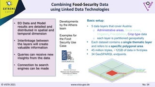 © VISTA 2021 www.vista-geo.de No. 54
54
Combining Food-Security Data
using Linked Data Technologies
Basic setup:
• 5 data layers that cover Austria:
o Administrative areas, Snow cover,
Irrigation, Precipitation, Crop type data
o each layer is partitioned geospatially
• Each dataset contains a single thematic layer
and refers to a specific polygonal area.
• 45 million triples, ~12GB of data in N-triples
• 34 GeoSPARQL endpoints.
• EO Data and Model
results are detailed and
distributed in spatial and
temporal dimension
• Interlinkage between
the layers will create
valuable information
• Queries can receive new
insights from the data
• Connection to search
engines can be made
Developments
by the Athens
team
Examples for
the Food
Security Use
Case
 